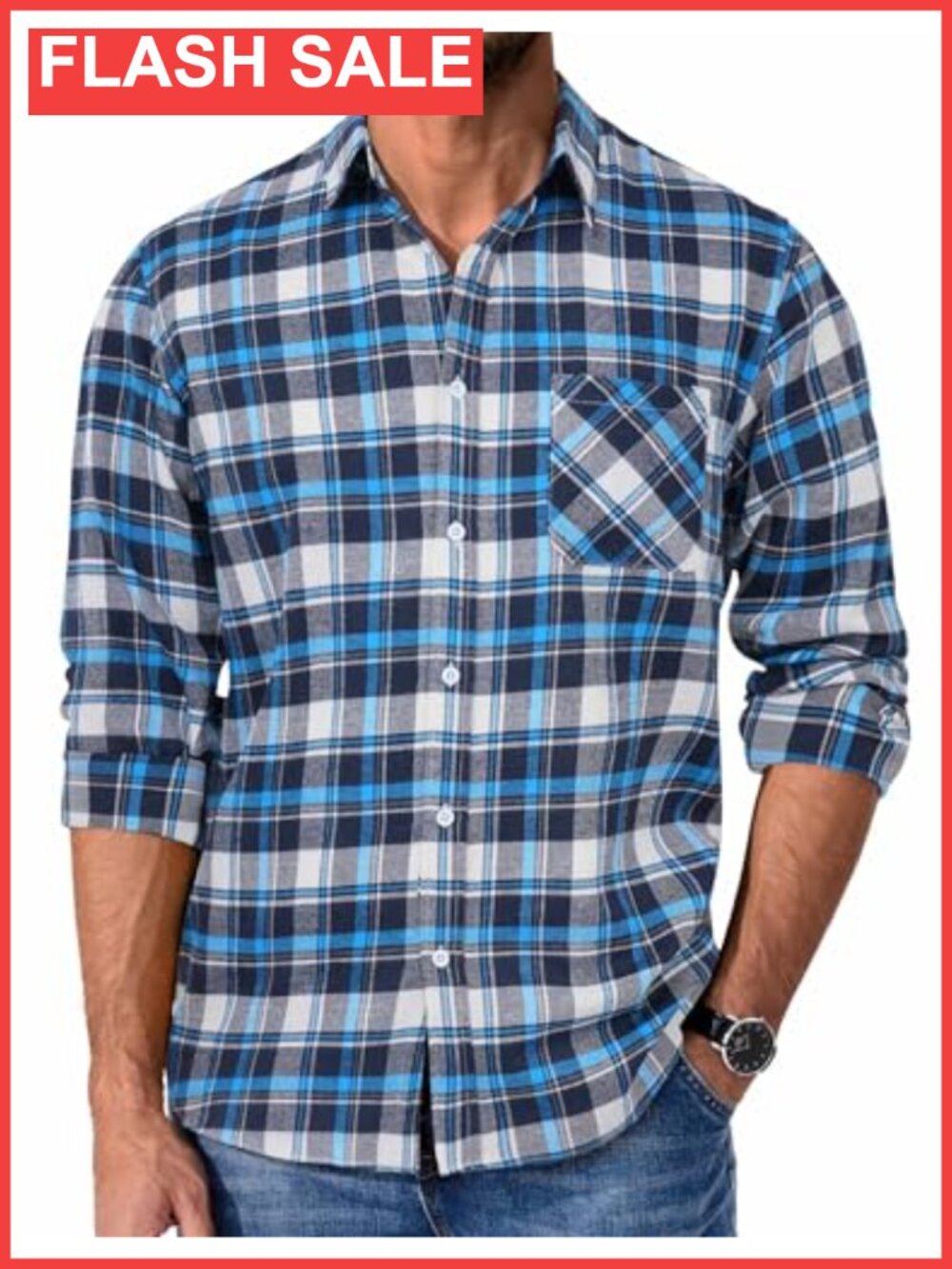 Mens Cotton Flannel Shirt Long Sleeve Plaid Button Down Casual with Pocket